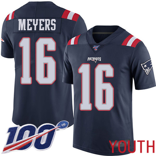 New England Patriots Football #16 100th Season Rush Limited Navy Blue Youth Jakobi Meyers NFL Jersey->youth nfl jersey->Youth Jersey